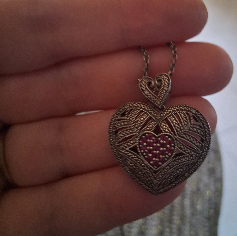 Silver Heart Pendant Necklace with Intricate Design. - Picture 2 of 3